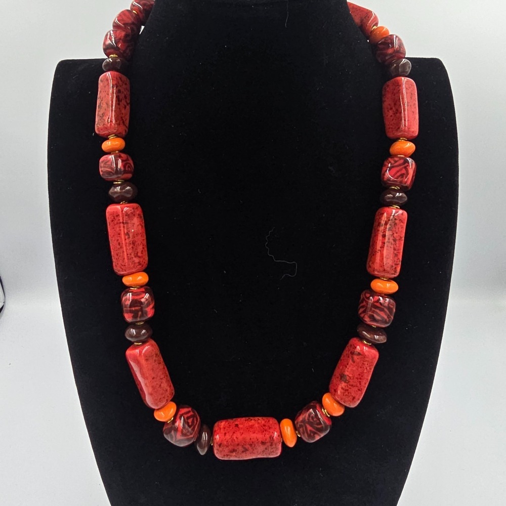 Vintage Blood Orange Red Glass Peking Trade Bead Necklace - Picture 2 of 8